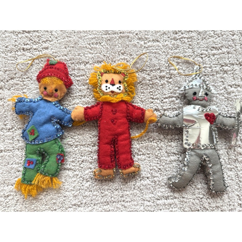 Vtg Wizard Of Oz Lion Scarecrow Tin Man Christmas Ornaments Felt Sequins 70s